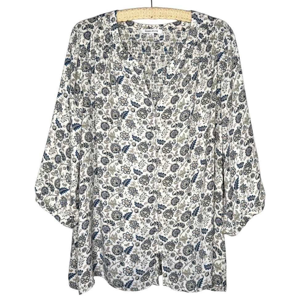 Rose + Olive Blouse 3X Boho Peasant Gypsy Floral Button Shirt Popover Tunic Top